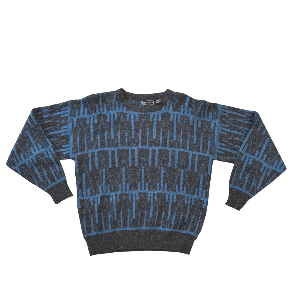Vintage 80s Peter England Geometric Grandpa Sweater M Black Blue Wool Blend Knit